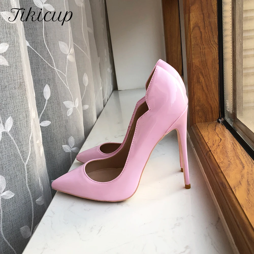 

Tikicup Pink V-Cut Women Patent 120 100 80mm High Heel Shoes Chic Sexy Ladies Pointy Toe Stiletto Pumps Plus Size 33-45