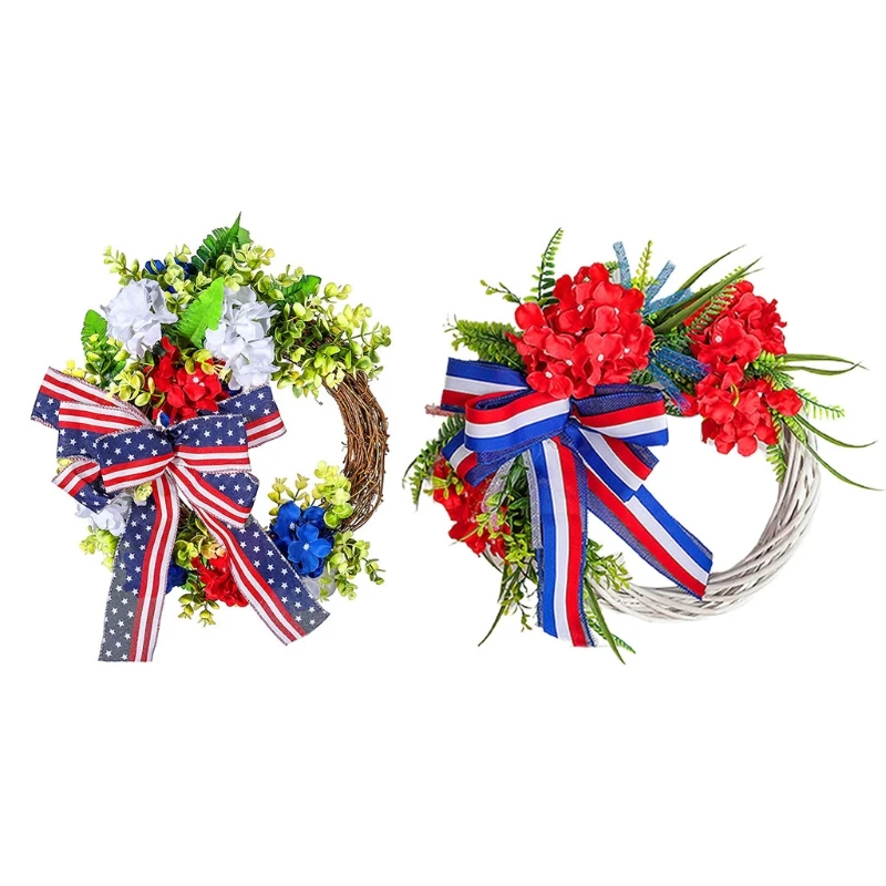 

Independence Day Wreath Flower Bow Patriotic Veterans Day Garland for Front Door Wall Ornaments 4th of July Gift