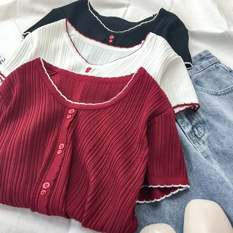 

2021new Ice Silk Sweater Short-Sleeved Tight T-shirt Women's Design Sense Niche Short Temperament Top Ins Fashion