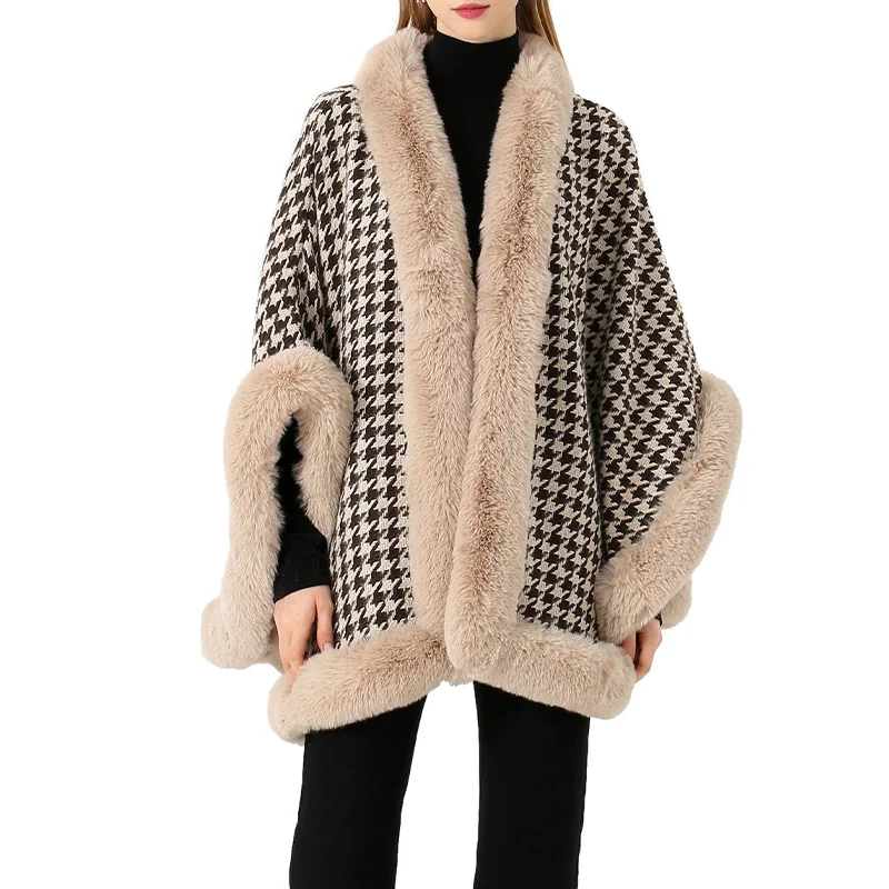 

Женское пончо из искусственного меха кролика, с воротником «гусиные лапки»