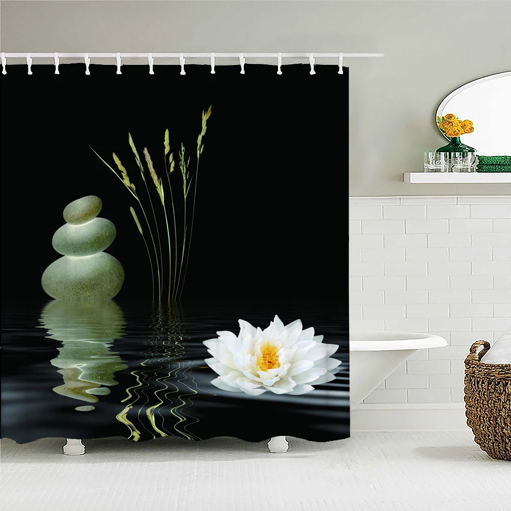 

Zen Stones Flowing Water Bath Curtain Waterproof Fabric Shower Curtains Green Plants Bathtub Screen for Bathroom Home Decor