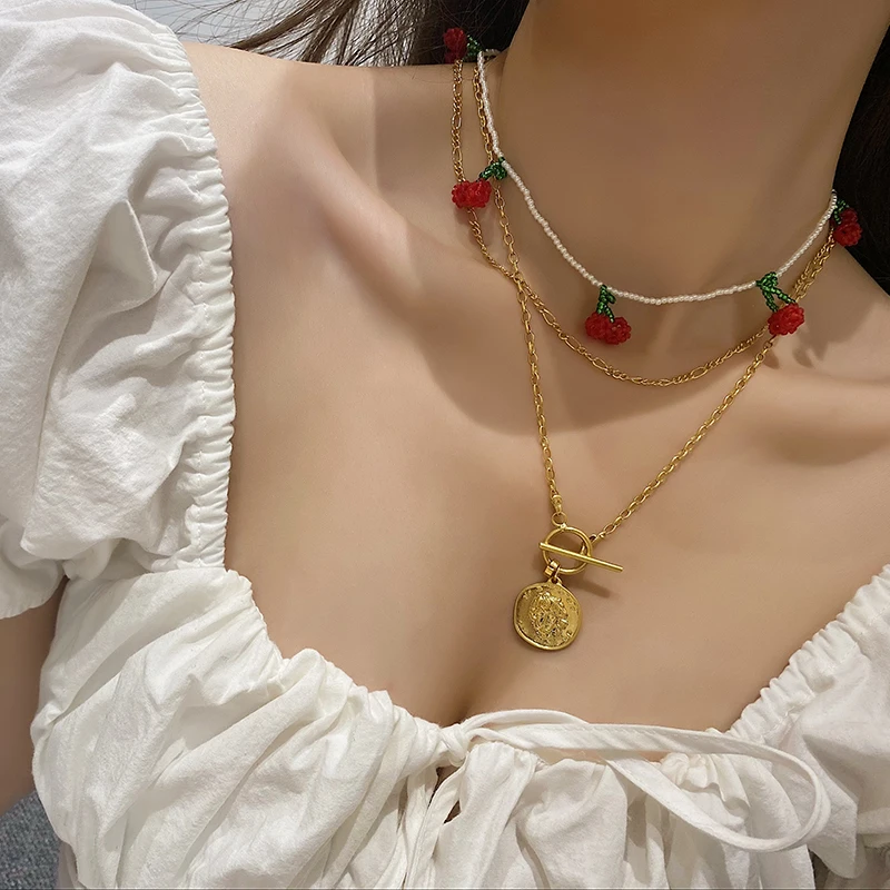 Очаровательный чокер с кристаллом вишни милый белый жемчуг бисером ожерелье