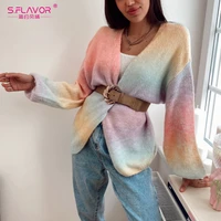 s flavor autumn women v neck colorful cardigan loose warm knitted sweater jacket no belt fashion long sleeve coat open stitch