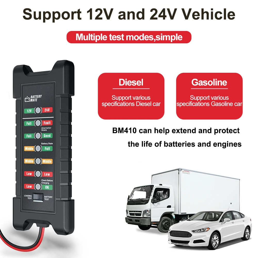 

Car Battery Detector 24V 12V BM420 7 LED Display Digital Test Tool Truck Loading Tester Heavy Duty Motorcycle Auto Diagnosis