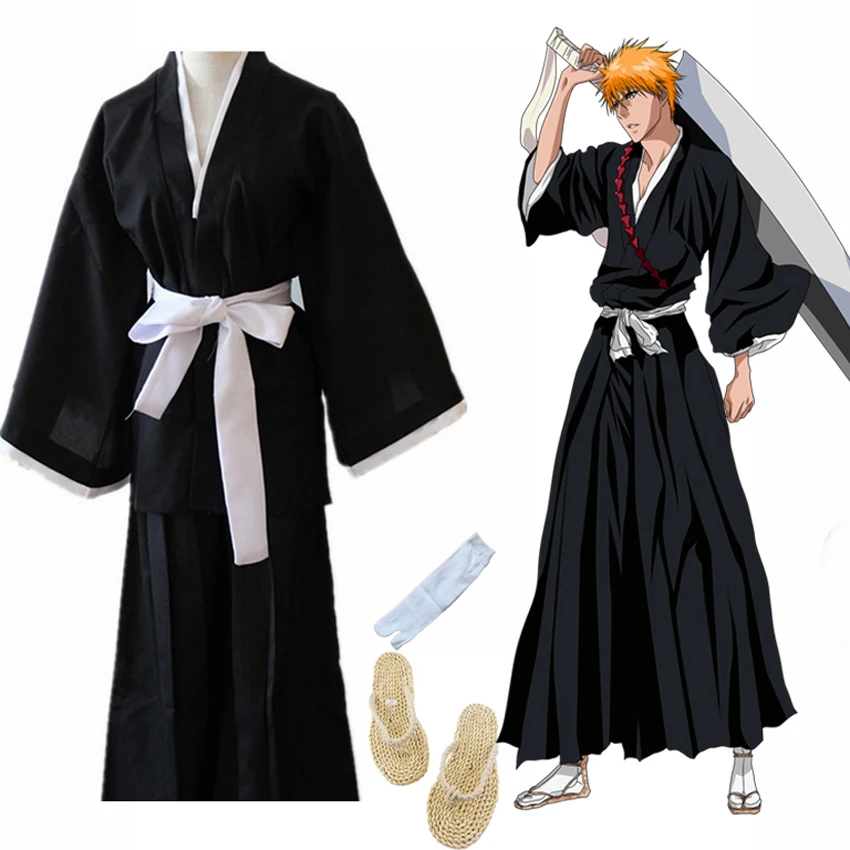 Восточное японское традиционное кимоно Самурайские BLEACH Kurosaki Ichigo Косплей костюмы робы платье с соломенными сандалиями Наруто Луффи