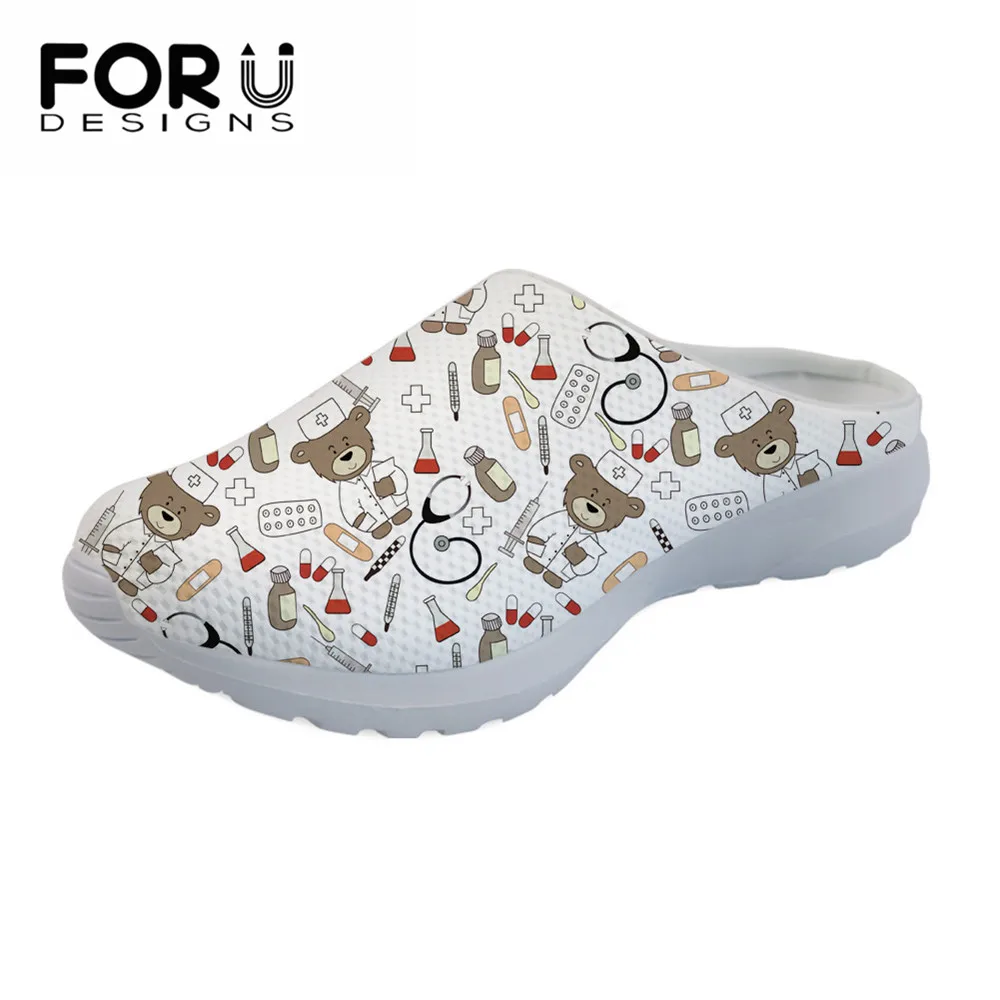 

FORUDESIGNS Casual Women Flat Sandals Cartoon Nurse Bear Pattern Women's Comfortable Breathable Slippers Female Mesh Soft Shoes