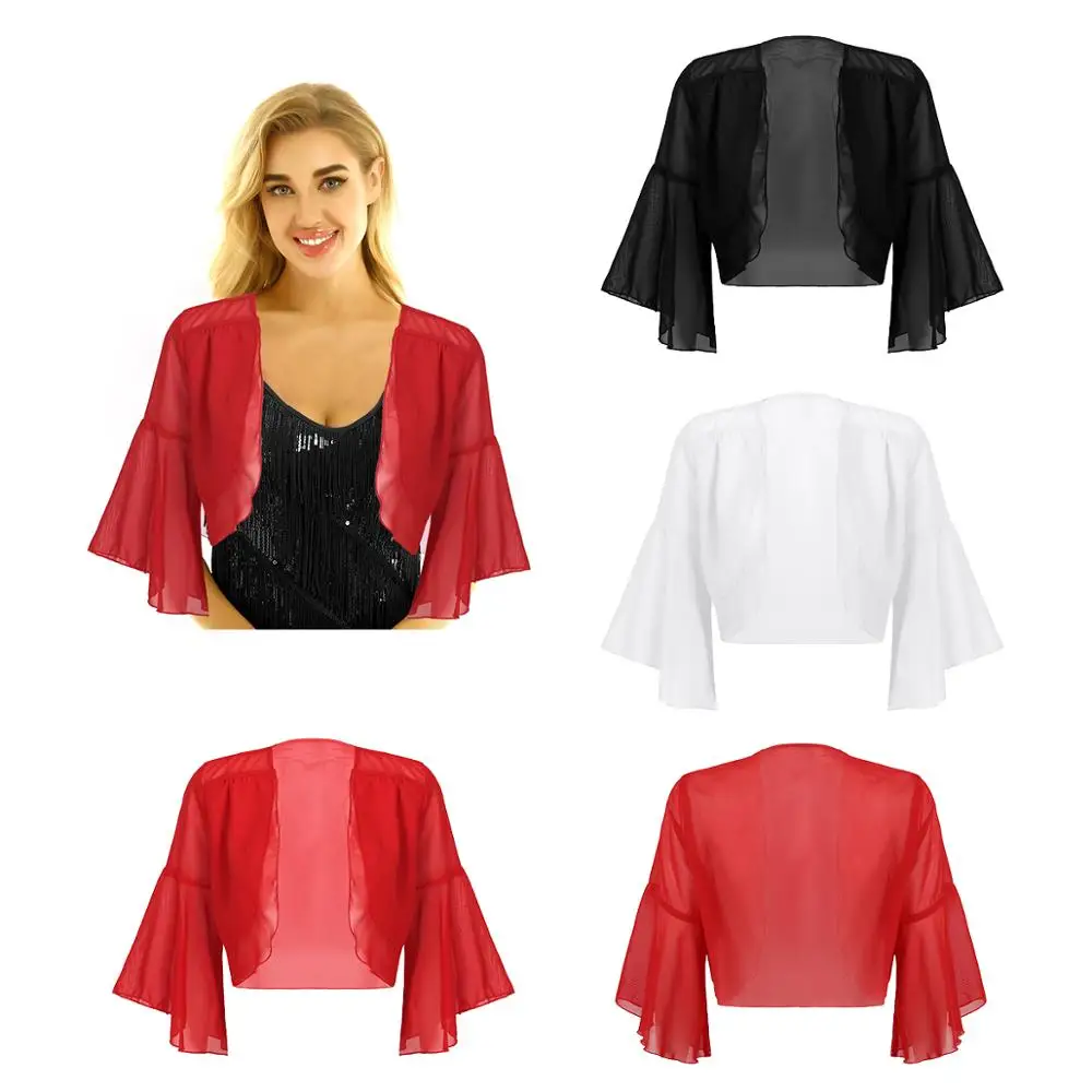 

Womens Girl Fashion Flare Sleeves Layered Open Front Bolero Shrug Shawl Cropped Sheer Chiffon Cardigan Top Women Dress Cover Ups