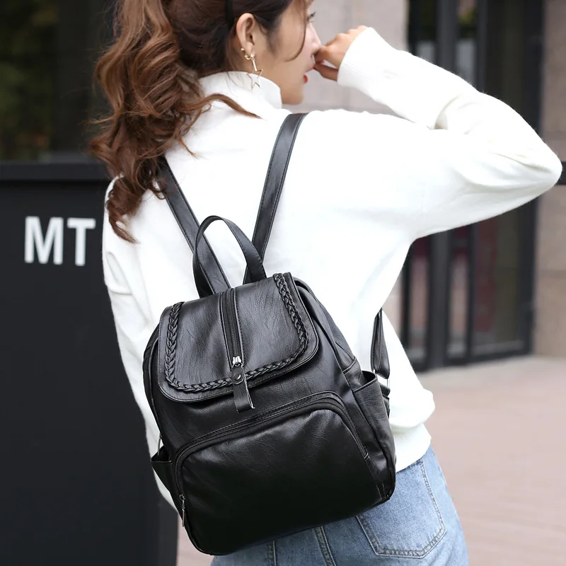 

MJ Women Leather Backpack Female PU Leather Travel Bag Large Capacity School Bag for Teenage Girls Casual Daypack Free Shipping