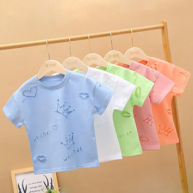 

Height 70-130cm Summer Girls Short-Sleeved T-Shirt Korean Baby Fashion Solid Color Printing Hollow Cotton Tops