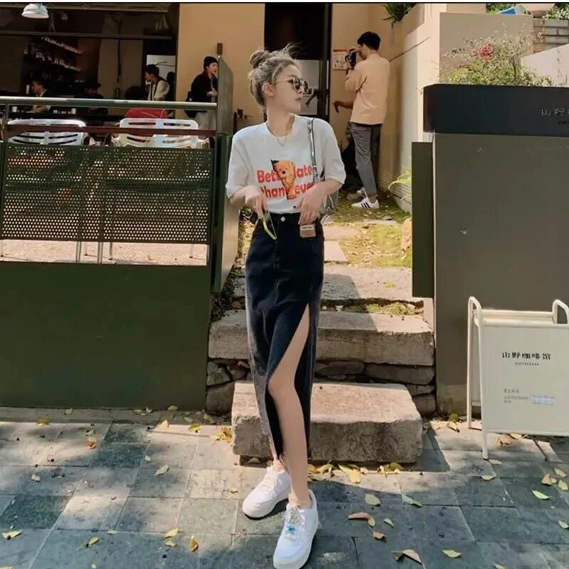 

Denim Midi Skirts Summer Hem Single Slits Zipper Streetwear Women's High Waist Side Split Bag Hip Thin Vintage A-line Skirts