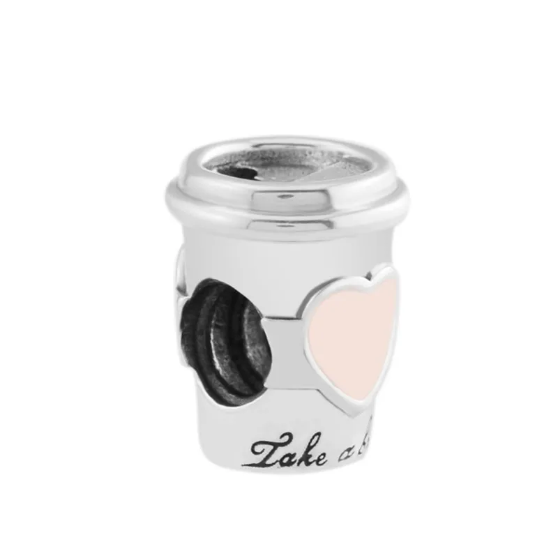 

Pink Enamel Heart Coffee Cup Beads for Charms Bracelets Women 925 Sterling Silver Jewelry DIY Charm Beads for Jewelry Making