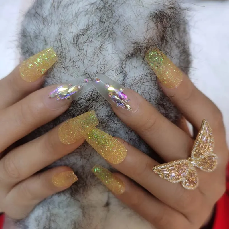 

24pcs latest candy long ballet handmade crystal diamond fake nails High-end Gold powder