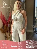 halter sleeveless sexy jumpsuit women elegant white black shirring hollow out wide leg pants sexy fashion outfit casual overalls
