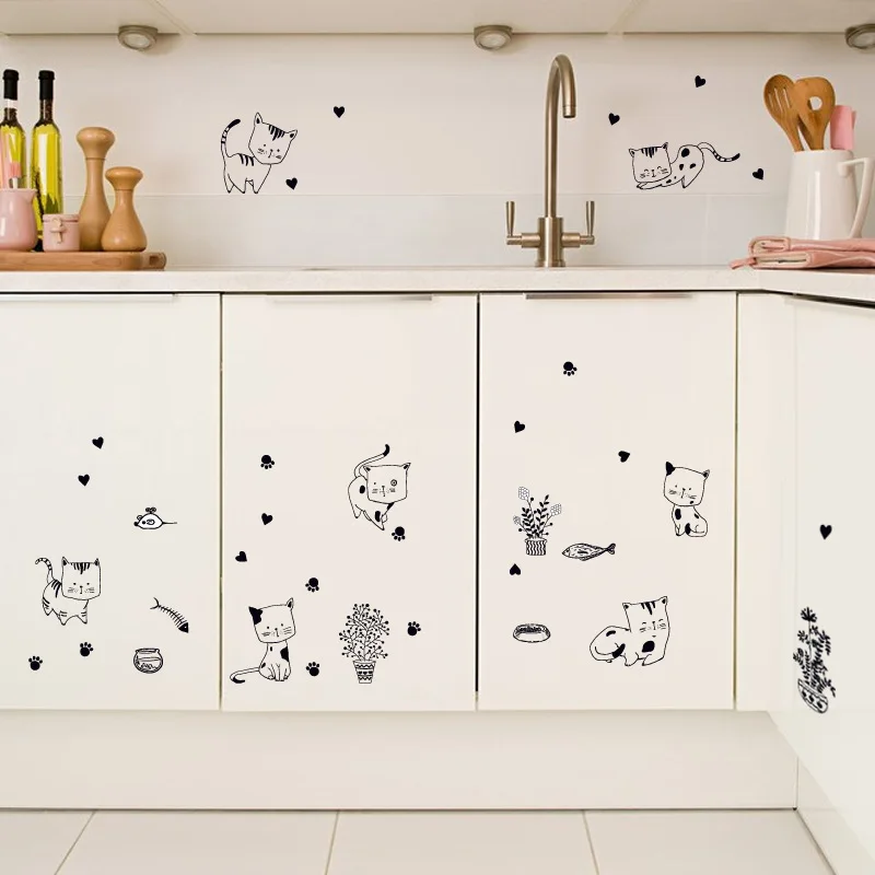 

High Quality Fine Wallpaper Cute Little Black Cat Stickers Wallpaper Flowers Applique Home Improvement Household Supplies