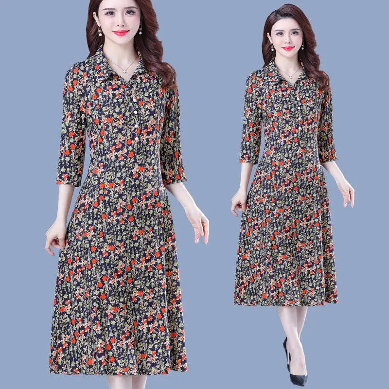 

Mother Summer Dress 2021 Women Middle-Aged New Dress Women Waist Was Buttons Dress Thinner Over The Knee Long Floral Skirt A25