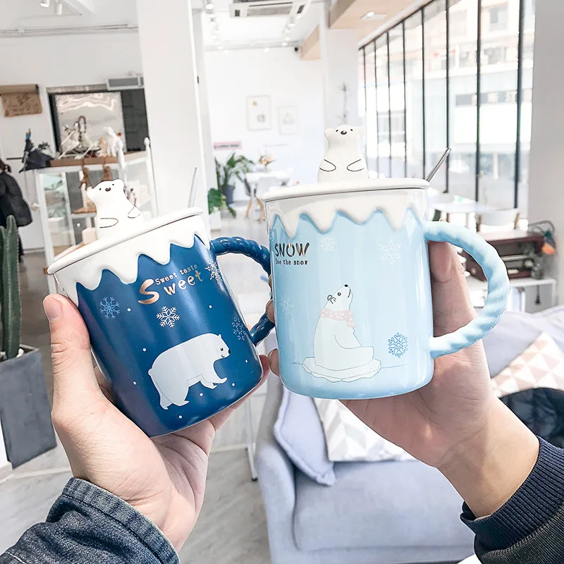 

1 Set Christmas Ceramic Cup With Lid And Spoon Winter Cartoon Polar Bear Mug Student Coffee Mugs Drink Water Cups Girl Gift