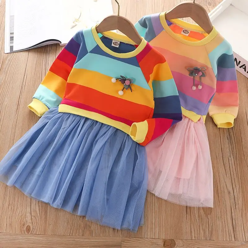 

Long Sleeve Rainbow Girls Dress Clothing Party Tutu Baby Dresses Cotton Mesh Princess Kids Dresses Cute Birthday Gifts for Girls