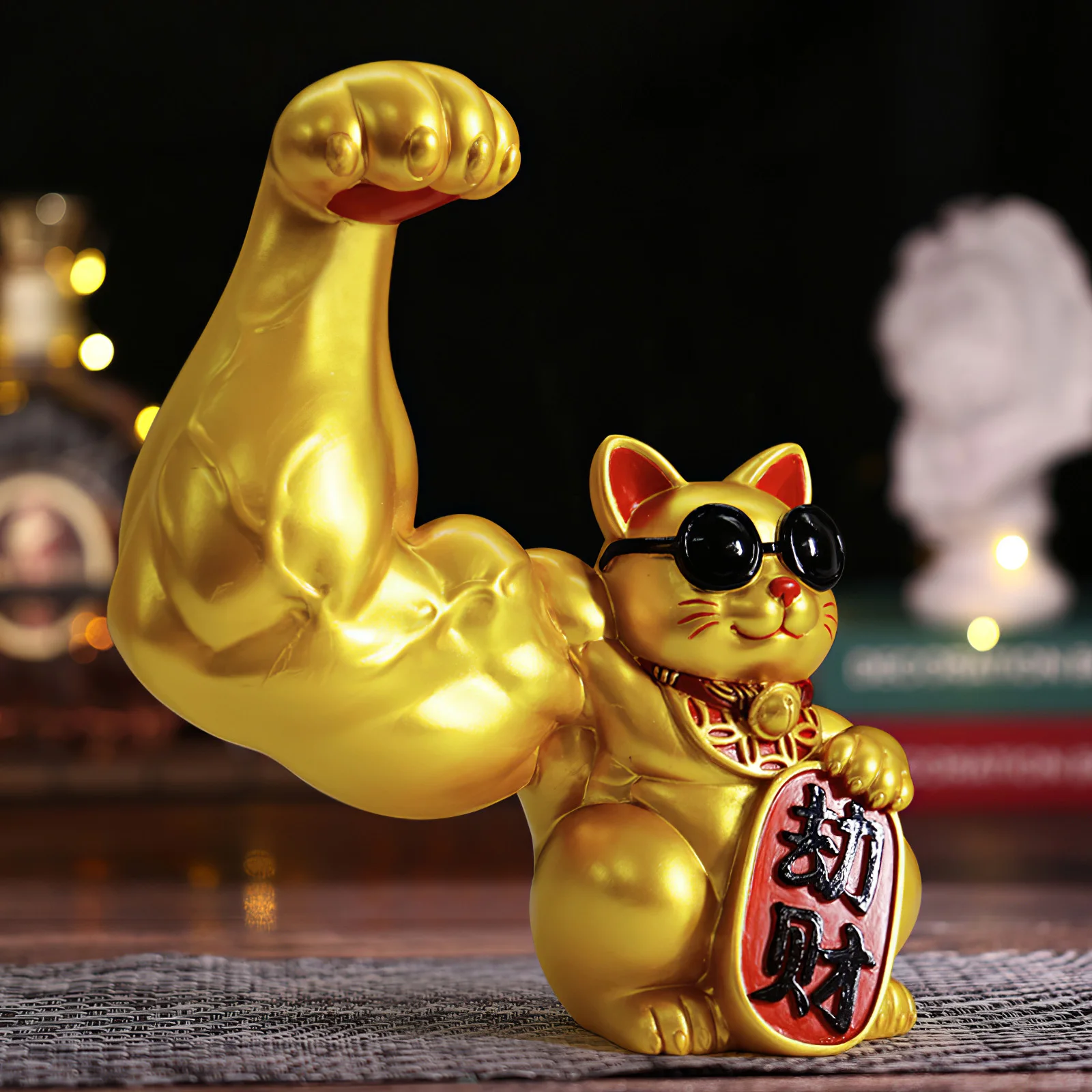 

Creative Muscle Arm Lucky Cat Ornaments Golden Resin Crafts Living Room Cute Animal Small Decoration Gift Modern Home Decoration
