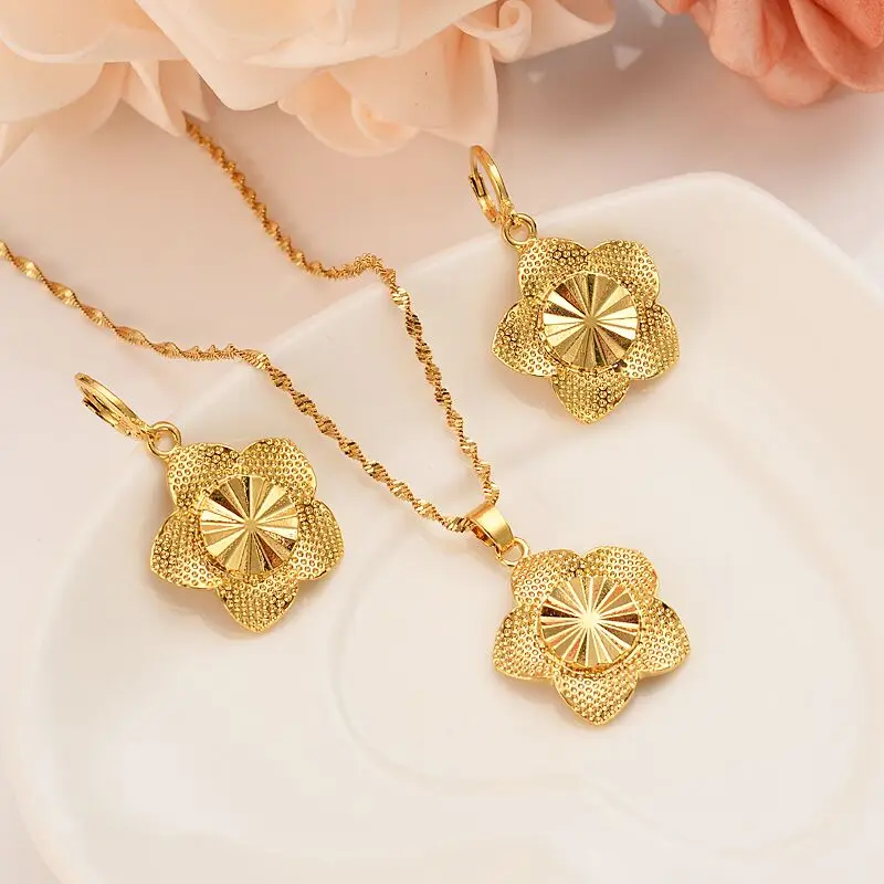 

9 k thick and solid G/F Gold african New Bride's Flower Pendant earrings Statement Necklace Jewelry Sets women girls party