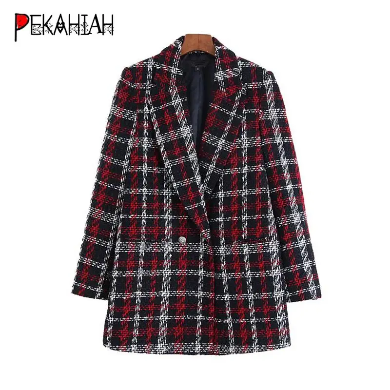 Женский твидовый блейзер с отложным воротником элегантный клетчатый офисный