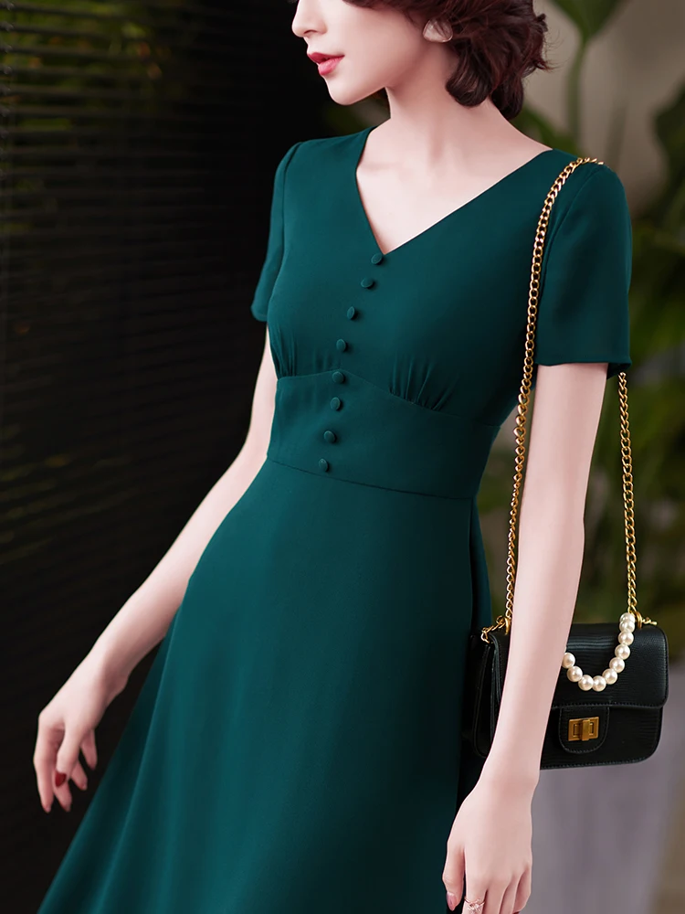 Женское офисное платье-миди с V-образным вырезом | Женская одежда