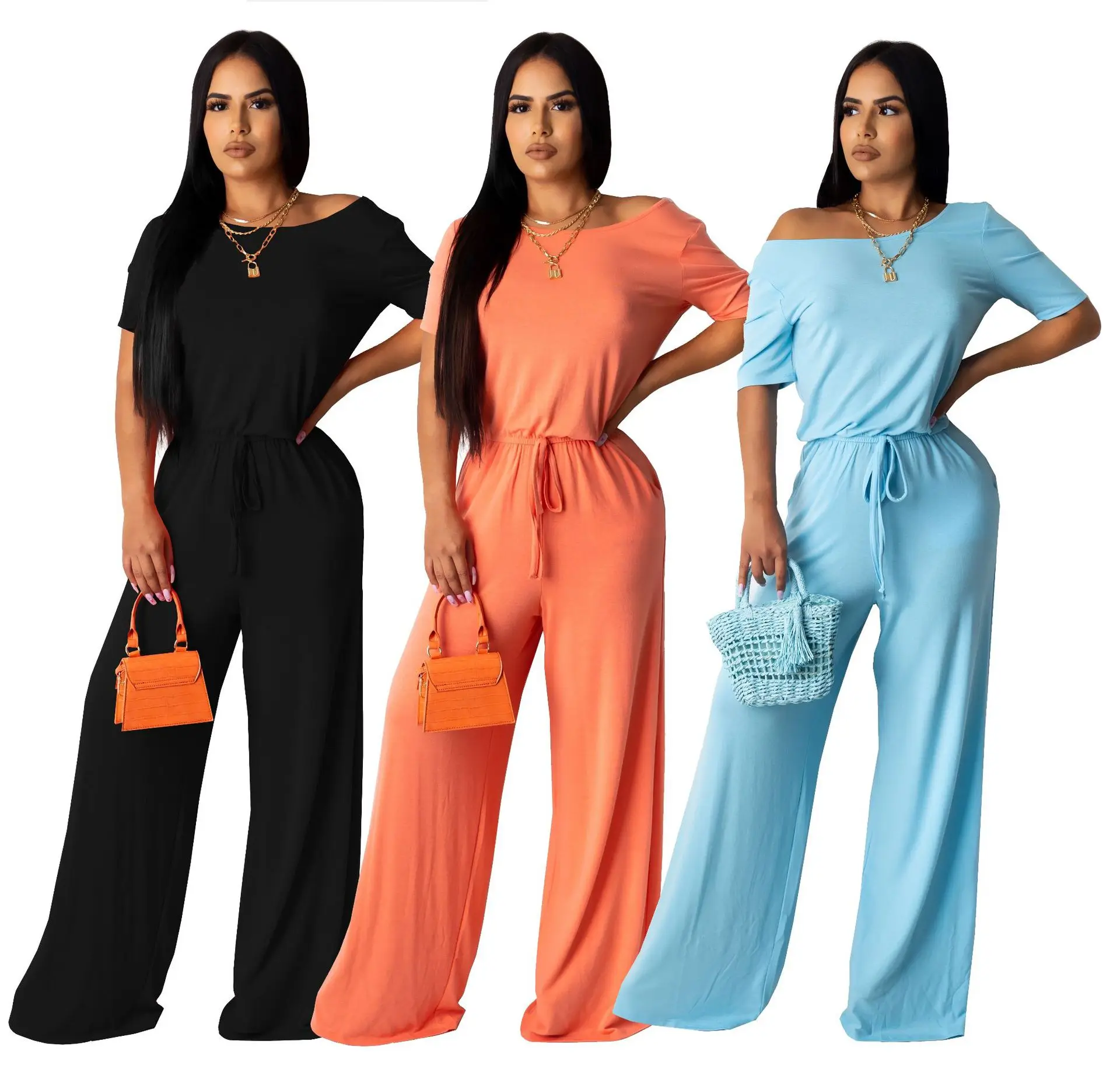 

3 Color New Design Solid Color High Waist Loose Long Jumpsuit Casual O Neck Short Sleeve Romper High Street Lady Overalls