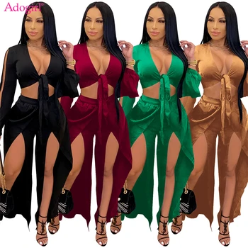Adogirl Women Satin Split Two Piece Set Lace Up V Neck Long Sleeve Shirt Crop Top Wide Leg Pants Fashion Sexy Autumn Suits 1