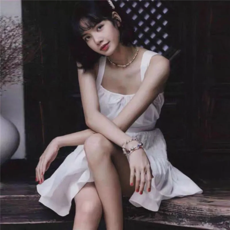 

Kpop Korean Summer New White Female Pleated Lace Square Collar Cute Sling Dress Women Streetwear Sexy Loose Lace-Up Mini Dresses