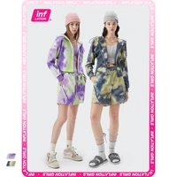 inflation fall trendy tracksuit women two pieces set 2021 new tie dye zip up hoodie set women y2k waffle shorts suit female