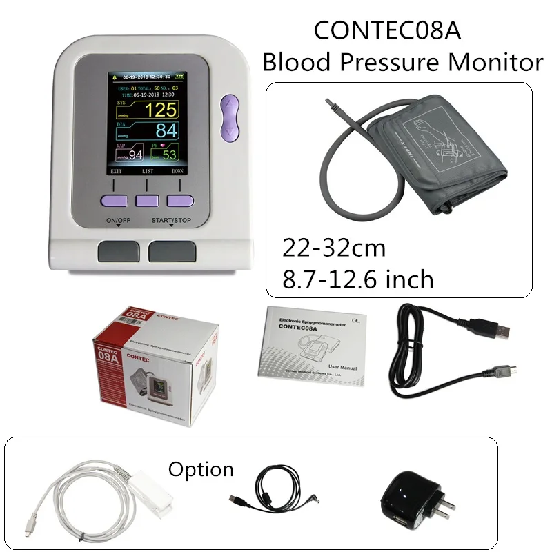 Contec08A цифровой верхний монитор артериального давления на руку, пульс и SpO2 метр-одна машина, несколько функций