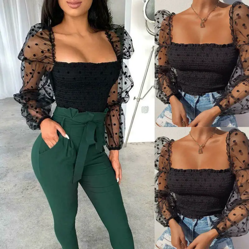 НОВЫЕ шикарные сексуальные женские сетчатые прозрачные блузки в горошек с