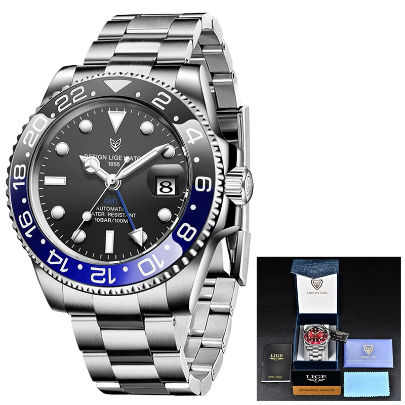 

LIGE DESIGN 2020 Luxury Men Mechanical Wristwatch Stainless Steel GMT Watch Top Brand Sapphire Glass Mens Watches reloj hombre