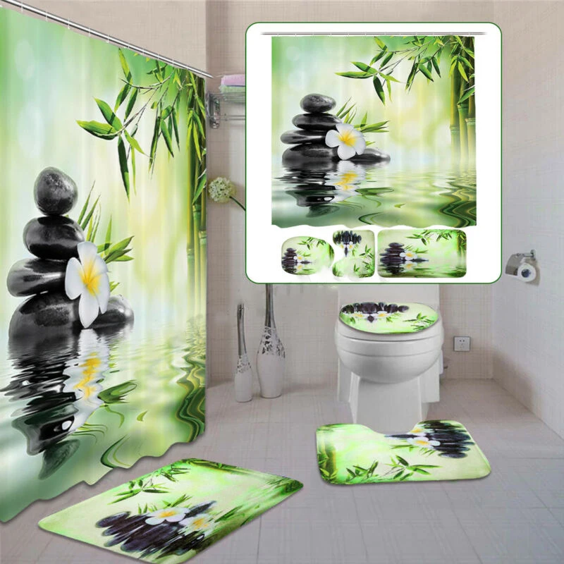 

4Pcs Bamboo Bathroom Set Shower Curtain Toilet Lid Cover Bath Mat Non-Slip Bamboo Running Water PVC Mesh Bottom Non-toxic