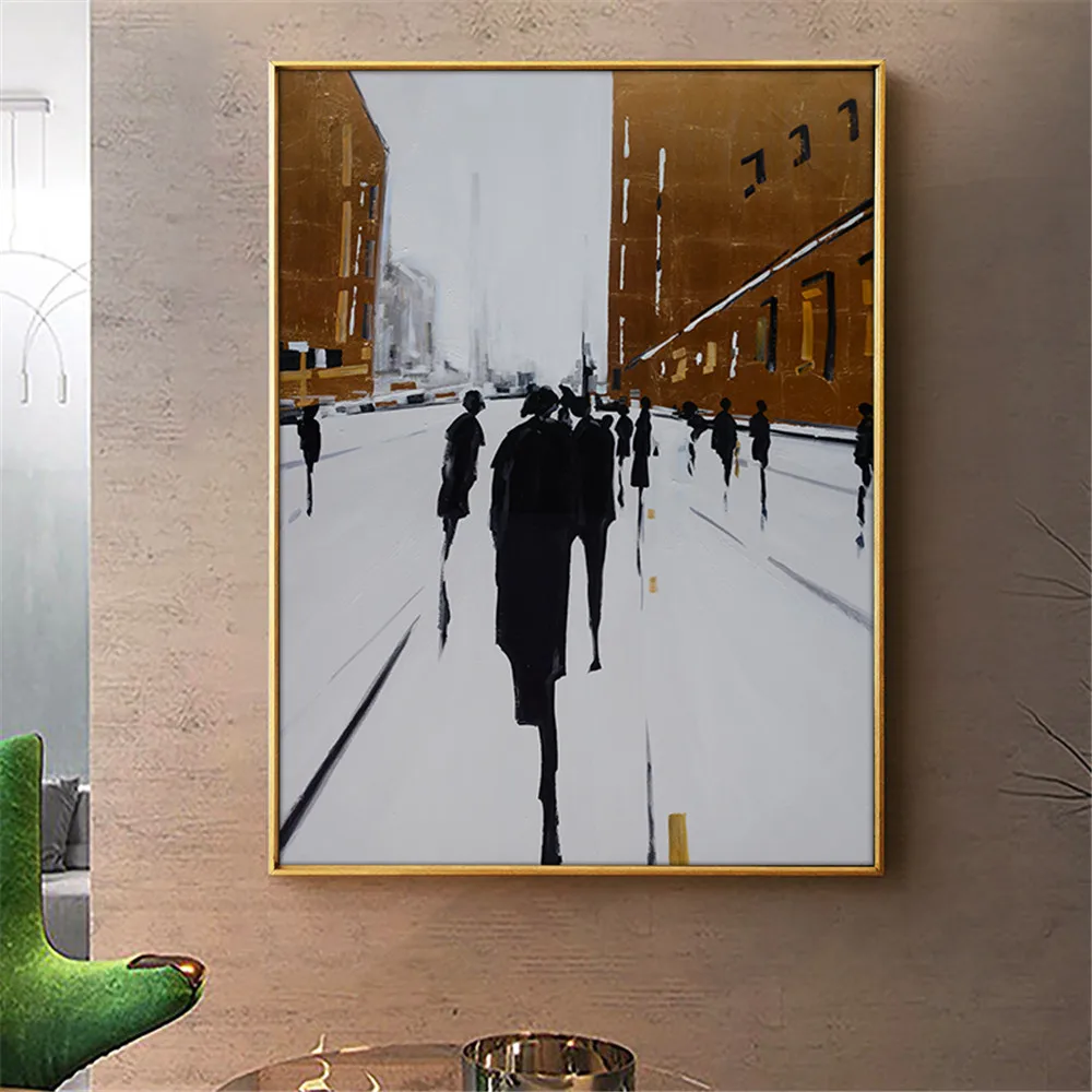 

Abstract People In The Street Hand Painted Oil Paintings On Canvas Wall Art Golden Pictures For Living Room Home Decoration