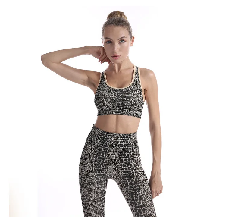 

New crocodile pattern seamless yoga wear fitness sports bra top high waist peach hip trousers tattoo set