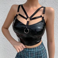 women pu leather sexy tank tops gothic streetwear hollow out bodycon bandage balck backless camis female