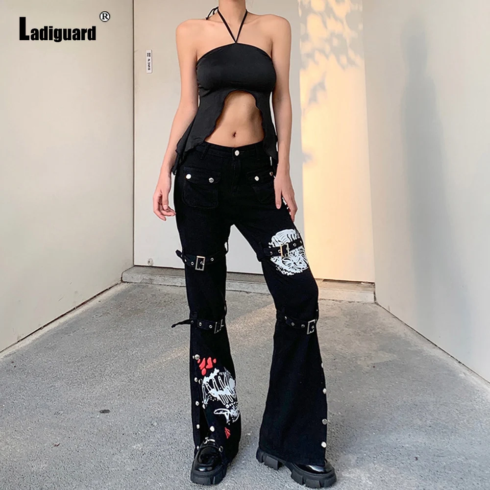 Women's Jeans High Cut Lace-up Denim Pants Girls Staight Leg Trouser Stand Pocket Gothic Print Jean Pants Vaqueros Mujer 2022