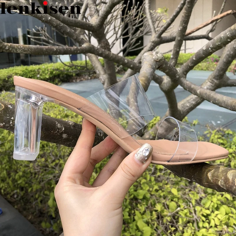 

Lenkisen jelly shoes high street fashion mules big square toe high crystal heels slip on beauty lady modren sandals women L70