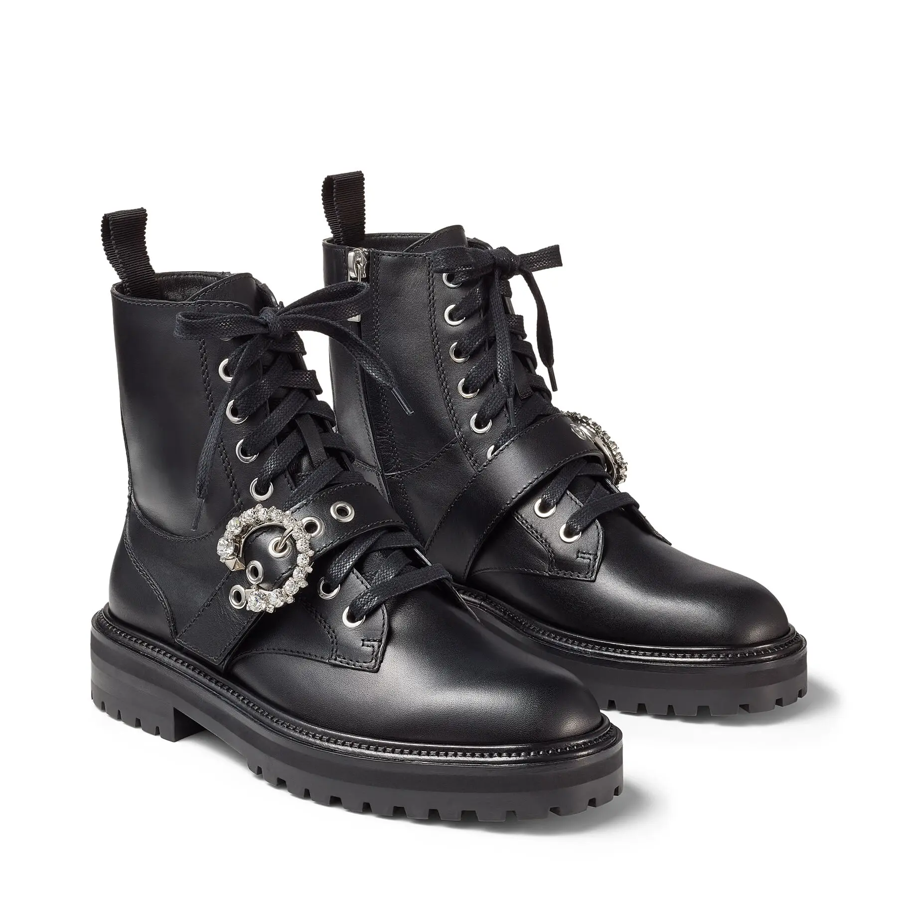 

New Season Shoes London Cora Flat Black Soft Calf Leather Combat Boots Sparkling Crystal Buckle Italy Chunky Sole