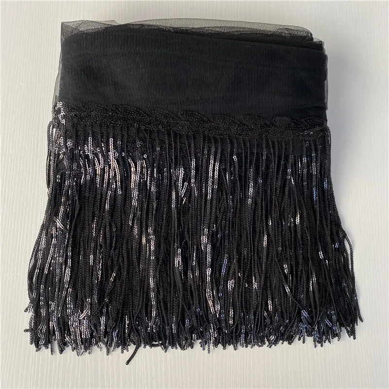 

5yards 10yards 20cm Wide Black Mesh Sequins Fringe Tassels Polyester Trim DIY Latin Dress Clothing Accessories Lace Ribbon