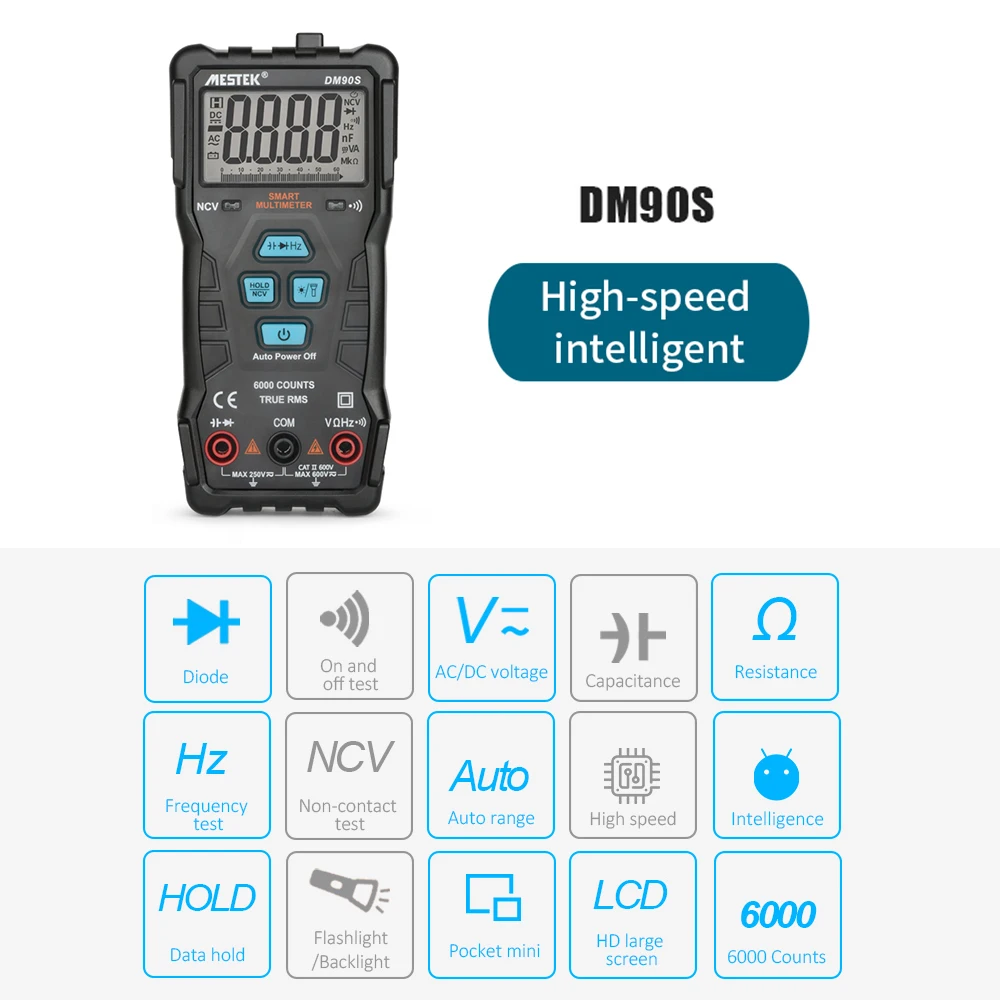 

DM90S Digital Multimeter High Speed Smart Multimeter NCV True RMS Universal Meter Tester 6000 Counts Voltmeter Voltage Tester
