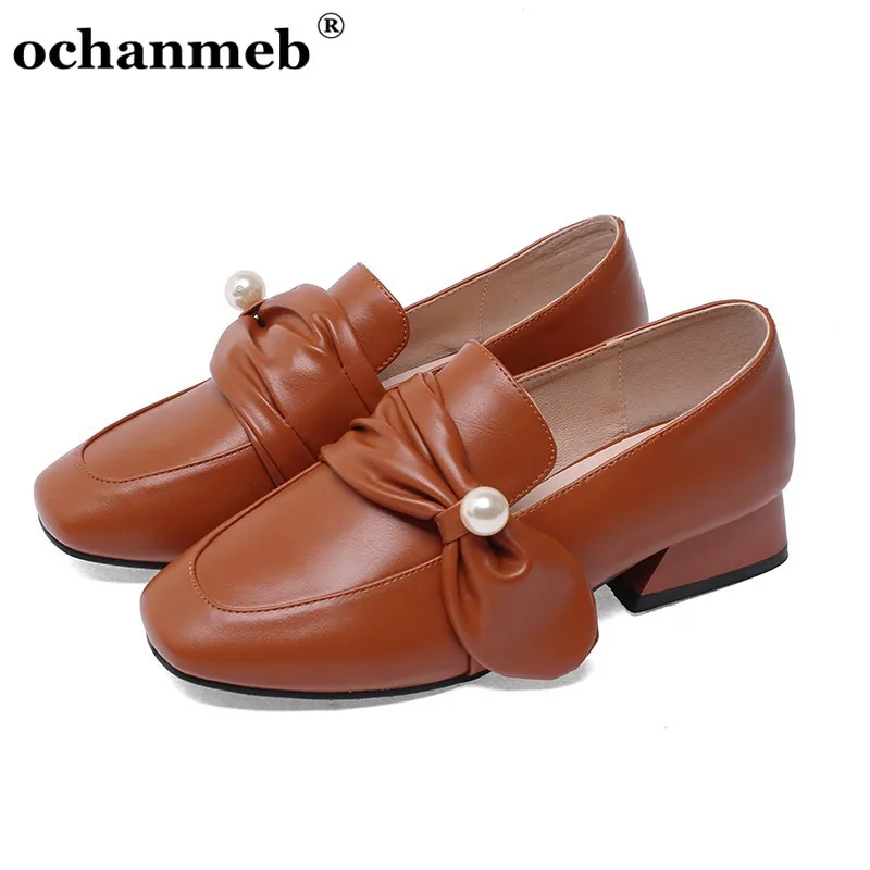 

Туфли ochanmeb женские с бантом и жемчугом, лоферы, квадратный носок, без застежки, плоская подошва, повседневная обувь, большие размеры 43