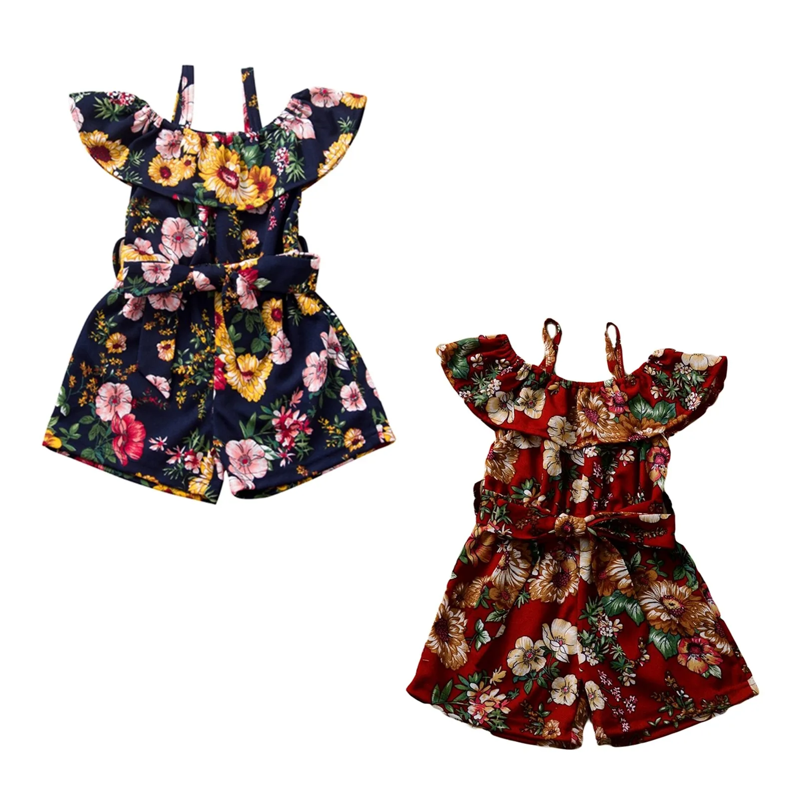 

2021 Summer 6M-4Y Baby Girl Floral Print Ruffled Neck Off Shoulder Short Sleeve Bow Belt Romper Kid Flower Clothes 2 Colors
