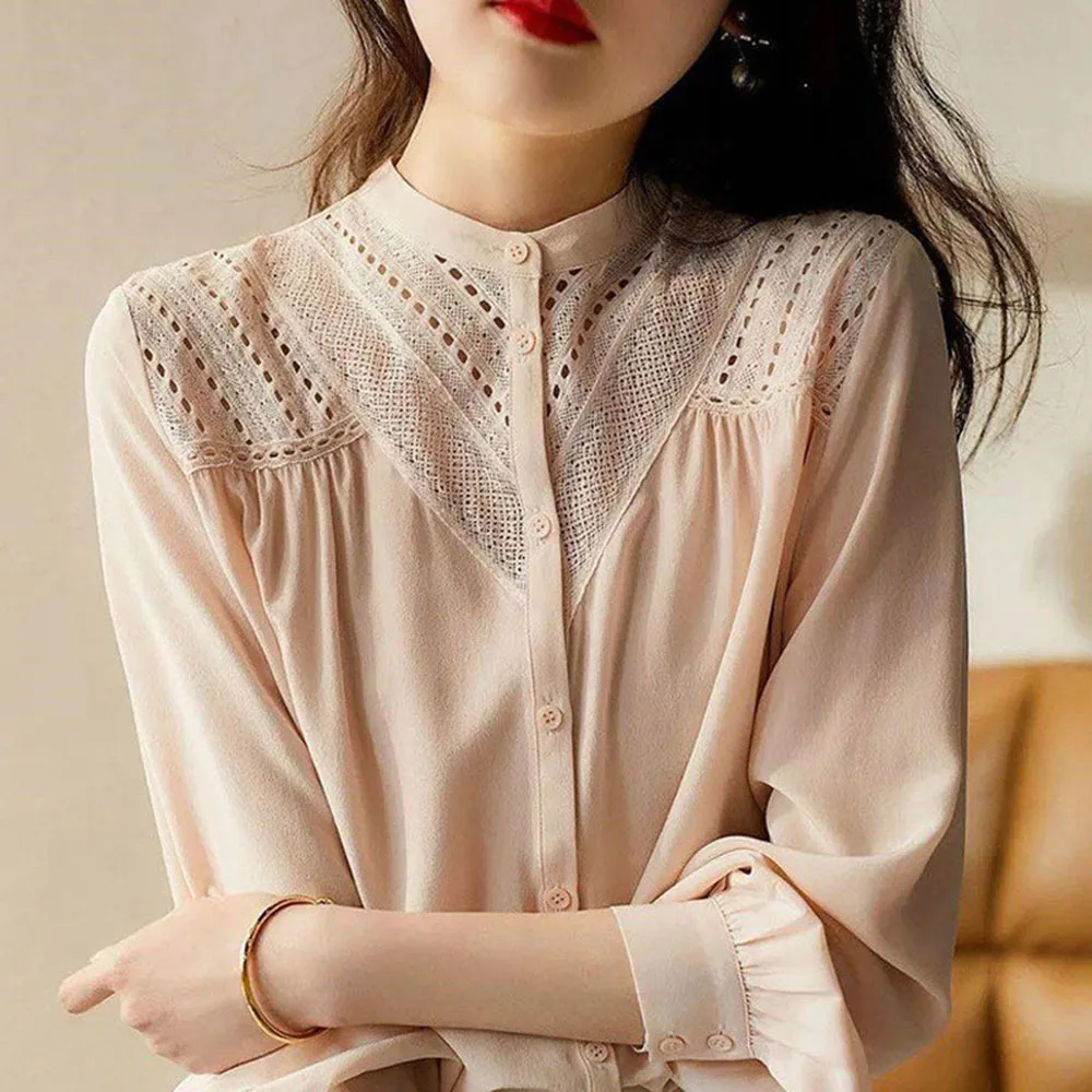 

Women's Long-sleeve Blouse 2021new Inner Wear Shirts Spring And Autumn Style Elegant Lace Hollow Chiffon Single-breasted Shirt