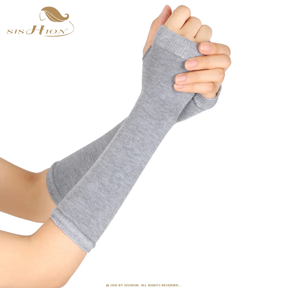 Light Gray SISHION осенние женские гетры для запястья рук SP0527 вязаные перчатки без пальцев с длинным рукавом мягкие полосатые налокотники перчатки - Цвет: Light Gray
