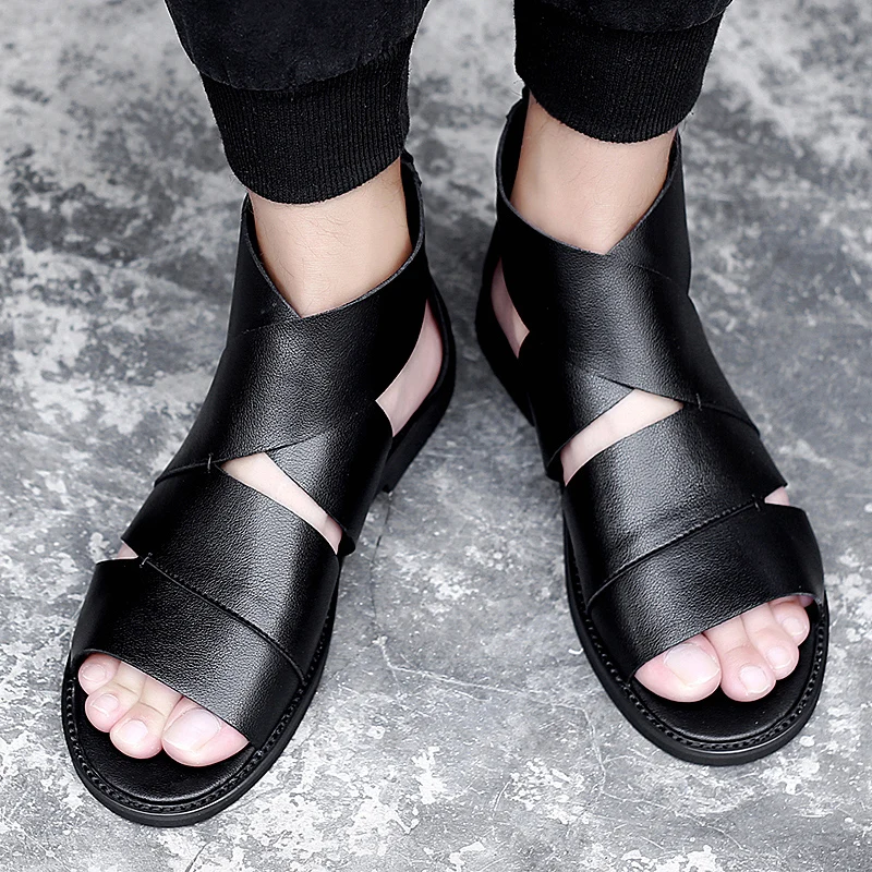 

Summer Casual Beach Sandal Men Black Mens Gladiator Sandals Brand Fashion Zip Leather Sandals Rubber Flat Men Roman Sandal
