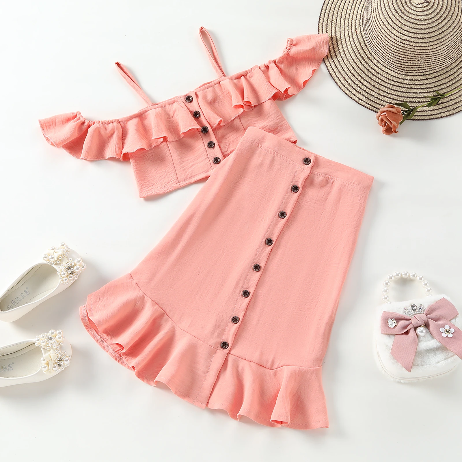 

Ma&Baby 2-7Y Summer Toddler Kid Girls Clothes Set Children Ruffles Crop Tops Button Skirts Outfits Travel Holiday Costumes