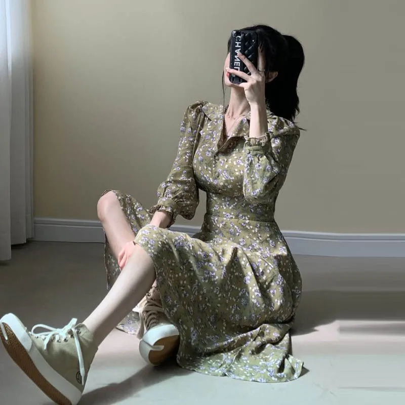 

Romance Spring Waist-Controlled Chiffon Floral Casual Long Dresses korean elegante Print women 2020 dress vintage chic feminina