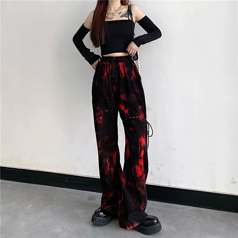 

Sports Casual Women's Pants Streetwear Red Tie Dye Korean Fashion High Waist Vintage Baggy Wide Leg 2021 Summer Straight Trouser