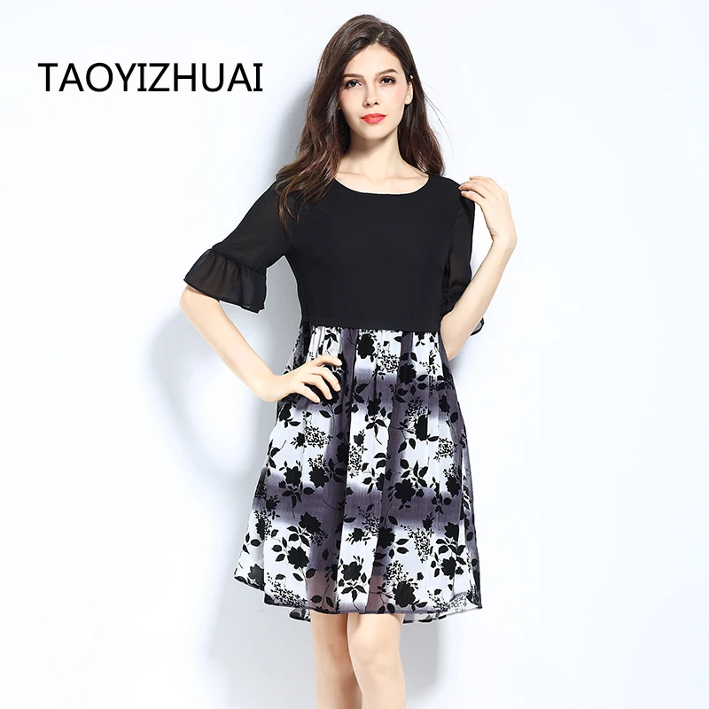 

New summer Chiffon floral oversize dress Brand casual loose breathable 5-point lotus sleeve plus size dress